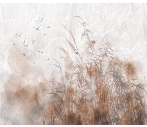 decomonkey Fototapete Natur Abstrakt 350x256 cm XXL Design Tapete Fototapeten Tapeten Wandtapete moderne Wand Schlafzimmer Wohnzimmer Vogel Gras Laub Pflanzen Stein beige