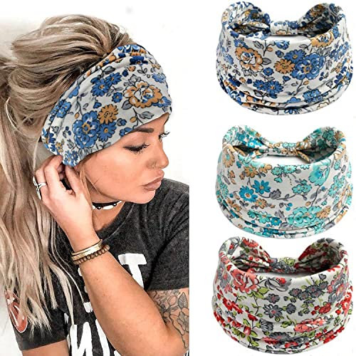Stirnbänder Damen Frauen Breites Haarband Boho Blumendruck Knot Elastische Lauf Yoga Kopfwickel Haarbänder (3 Farbe)