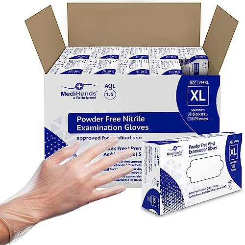 MediHands Vinyl Clear Gloves, Box of 1000 - Disposable Vinyl Gloves X Large - Powder Free, Latex Free, & Protein Free Clear Gloves - Multi-Purpose, Single Use