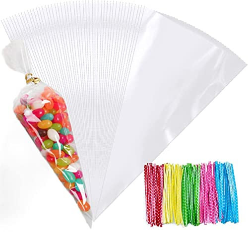 FOLKSNSHOPS 100pcs Clear Cone Bags, 32x18cm, Cellophane with Ties for Party Supplies, Sweets, Biscuits Displaying & Wrapping on Birthday Parties and Festivals