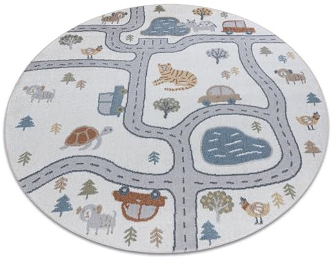 rugsx Teppich BONO 8283 Teppich Kurzflor, Kinderteppich, Wohnzimmer, Jugendzimmer, Kinderzimmer, Schlafzimmer, Straße, Tiere Creme/Hellgrau Kreis 100 cm