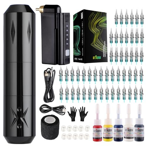 STIGMA Wireless Tattoo Maschine Set Rotary Komplettset mit 50Pcs Patronen Nadeln Power Supply Batterie für Anfänger und Künstler (Schwarz)