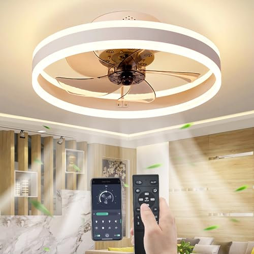 YUNZI Quiet Ceiling Fan with Light and Remote Control, LED 60W Dimmable Ceiling Lamp Modern Low Profile Ceiling Fans for Living Room Bedroom Lighting, 6 Speeds, Dimming Lights, White, 50CM