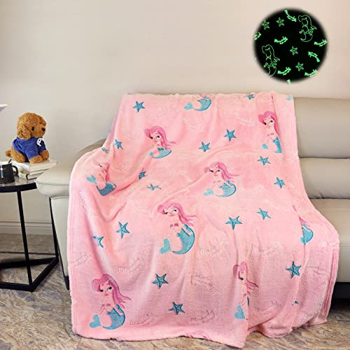 Kuscheldecke Kinder,Einhorn Decke Kuscheldecke Leuchtet im Dunkeln, Einhorn Geschenke für mädchen Super Weiche und Warme Decke, Bett Sofa Flauschige Einhorn Decke Rosa (Meerjungfrau, 130x150 cm)