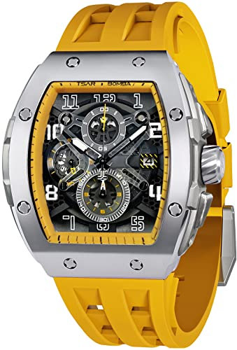 TSAR BOMBA Luxus Herrenuhr Tonneau Chronograph 50M Wasserdicht Saphirglas Japan Quarzwerk Fluorkautschuk Armband Leuchtendes Kalender Uhr Herren
