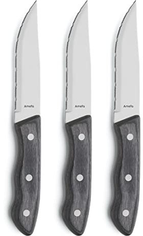 Amefa Hercule Steakmesser Set 3-teilig | Steakmesser mit Wellenschlif | Pakka-Holz-Griffe in Kastanie-Optik | Grillmesser | Pizzamesser | Steak Messer Set, Braun