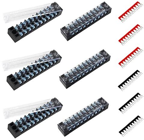 BokWin 6 Sets Screw Terminal Strip 10 Position Double Row Terminal Blocks 600V 15A Waterproof Terminal Block and Strip with Pre-Insulated Terminals Barrier Strip(Black&Red)