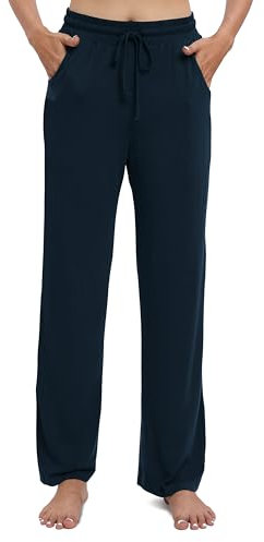 EXCHIC Mujeres Casual Piernas Rectas Largo Pantalones de Cuerda Cintura Elástica Yoga Pantalones con Bolsillo(XL, Azul Marino)