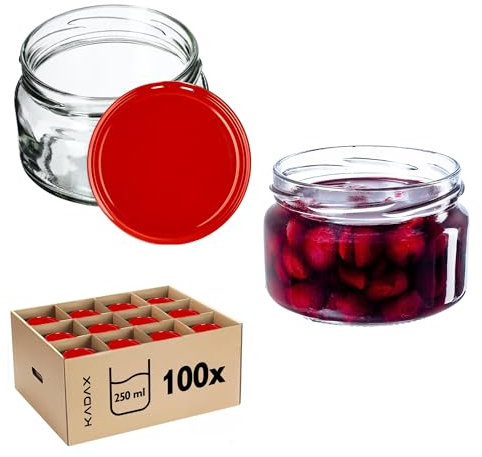 KADAX 100st Einmachgläser 250 ml, Marmeladengläser mit Twist-Off Deckel fi82, Dessertgläser, Luftdicht & Spülmaschinenfest, Dickwandiges Glas, Auswahl an Schraubverschlüssen (Rot)