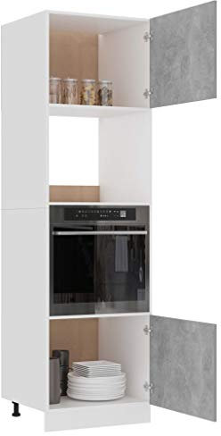 homiuse Armoire encastrable pour micro-ondes - Gris béton - 60 x 57 x 207 cm - Armoire de cuisine - Petites armoires de cuisine - Armoire de four et lave-vaisselle - 4 étagères