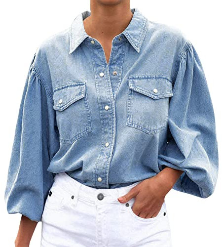 Denim Jacket Women's Short with Puff Sleeves Denim Jeans Women's Shirts Full Sleeve Shirt Denim Shirt with Turn-Down Collar Women's Denim Jacket Short Fitted Soft Comfortable Single Breasted Outwear