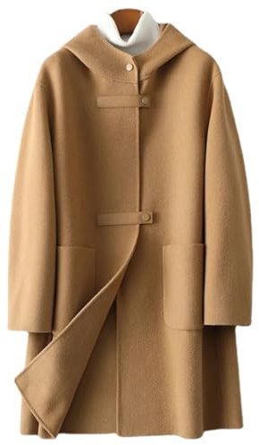 Women's Hooded Double-Sided Woolen Coat Large Pockets Loose Fashion Hooded Section Double-Sided Tweed Wool Coat (Camel,M)