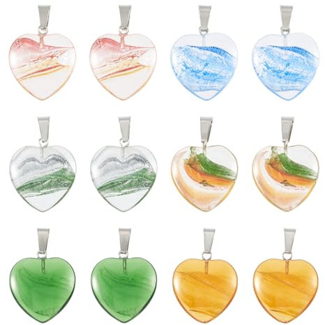 Crafans Herz-Glasanhänger, transparent, 6 Farben, Herzanhänger, Kristallglas, Liebesherz-Anhänger für selbstgemachte Halsketten, Ohrringe, Basteln, Schmuckherstellung, 12 Stück