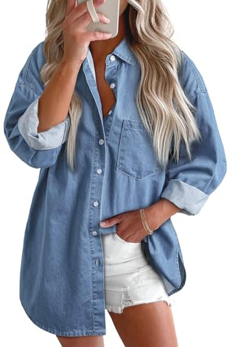 Astylish Women's Button Down Denim Shirt Casual V Neck Long Sleeve Classic Blouse Relaxed Fit Chambray Shirt Beau Blue Medium