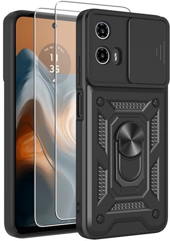 iCatchy Case for Motorola Moto G34 5G With 2 Screen Protector Camera Cover Shockproof Heavy-duty Military Rugged Ring Holder Kickstand for Motorola G34 5G (Black)