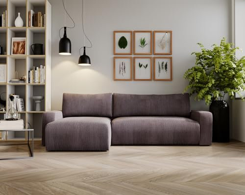 Kaiser Möbel, Ecksofa mit schlaffunktion, mit Bettkasten, Schlafsofa Argon, Designer Sofa, Modern Design Couch, Polsterecke, Freistehend, Zoom Stoff- Dicker Cord Braun Ottomane Links