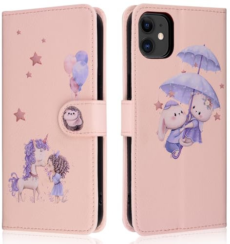 Jeffene Phone Case for iPhone 11 (6.1 inch),PU Leather Flip Protective Case,Cute Unicorn Wallet Case Cover with [Card Holder][Kickstand][Magnetic Snap][TPU Inner Shell],Pink
