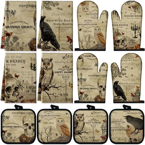 SiliFine 12-teiliges Gothic-Küchentuchen-Set mit Topflappen und Ofenhandschuhen, 4 Raben-Geschirrtücher, 4 Totenkopf-Ofenhandschuhe, 4 Eulen-Topflappen für Gothic, Zuhause, Kochen, Backen, dekorativ
