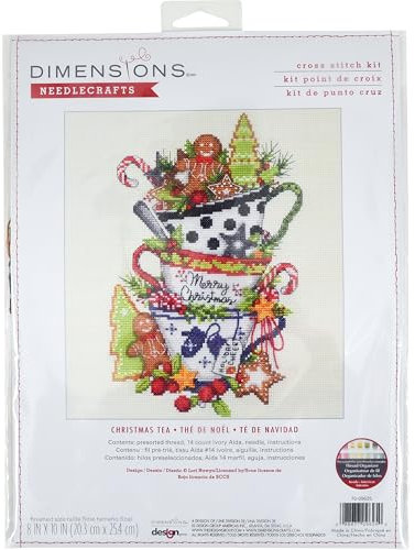 Dimensions 70-09625 Kreuzstich-Set Christmas Tea Holiday, 20,3 x 25,4 cm, 14 Cnt, elfenbeinfarbener Aida, 4-teilig