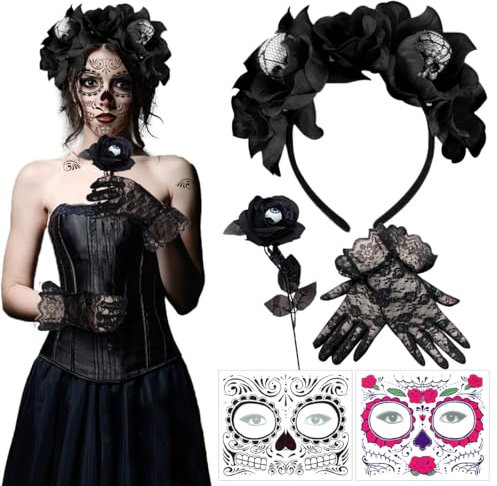 Giorno dei Morti Rose Cerchietto, Fascia del Giorno dei Morti con Tatuaggi Viso, Fiori Artificiali Rosa e Guanti in Pizzo, Halloween Giorno dei Morti Velo, Halloween Costume Accessorio per Donna