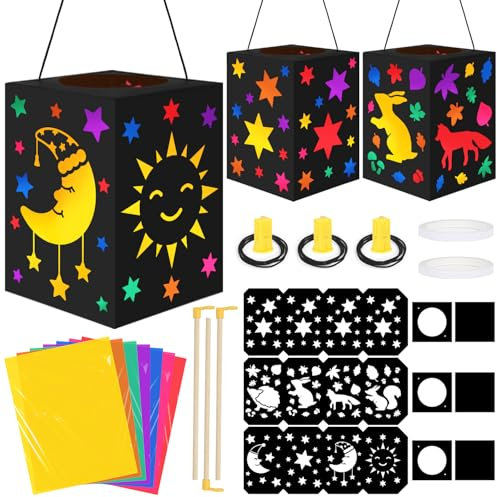 Sprinlot Laternen Bastelsets Kinder, 3 Stück Mond Sterne Tier Laternen ca 14 x 20 cm mit Dekorative Lichter, Martins Laterne Bastelset, Geschenk Laternenfest Jungen Mädchen