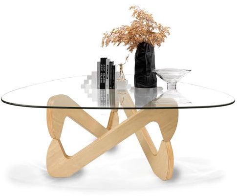 GESEILAY Dreieckiger Couchtisch aus Glas Durchsichtig Wohnzimmertisch Modern Glastisch Couch Klein Kaffeetisch mit Holz Base (Wood-Transparent, 91)
