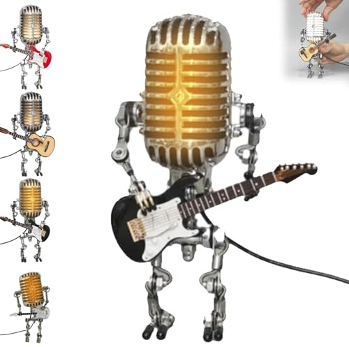 Mic Robot, Vintage Microphone Guitar Robot Lamp, Music Gifts for Men, Cool Gifts for Music Lovers, Vintage Light Home Decor Nightstand Desk Lamp for Music Studio, Bedroom(Black A)