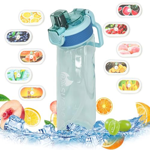 Air Water Bottle with Flavour Pods, 700ml Starter Up Set BPA Free Drinking Bottles with 10 Random Flavour Pods Scented 0 Sugar Calorie, Water Cup with Straw for Gym School Outdoor, Blue