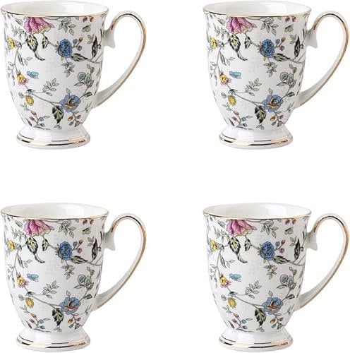 MIATTCLD Kaffeetassen 4er Set, Blumenmuster Kaffeebecher, Große Knochen China Teetassen, 300 ml Trinkbecher mit Griff für Cappuccino Kaffee Tee Milch Büro Geschenk Becher (C)