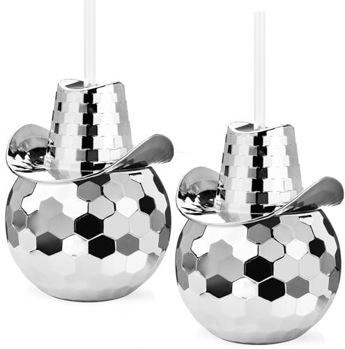 ALINK Disco Ball Cups with Cowboy Hat and Straws, 20OZ Silver Sparkly Disco Party Tumbler, Novelty Taylor Swift Cups for Hen Bachelorette Party, Bride Shower, 1970s Party Cups Decorations, Pack of 2