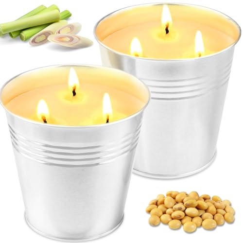 Citronella Kerze Outdoor Groß, 2 x 15 oz Draußen Kerzen - Natürliche Sojawachs Zitronella Kerze Garten mit 3 Docht Citronella Duft Candle Indoor Beste Geschenk für Camping Picknick Terrasse