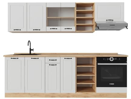 Vicco Küchenzeile R-Line, Weiß Landhaus/Goldkraft Eiche, 240 cm ohne Arbeitsplatte