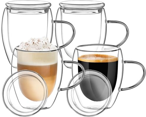 Esilihom 4x350ml Double Walled Glass Coffee Mugs with Lid, Cappuccino Macchiato Latte Glasses Cups with Handle, Heat Resistant Borosilicate Cup for Coffee Tea Milk Juice Ice Cream