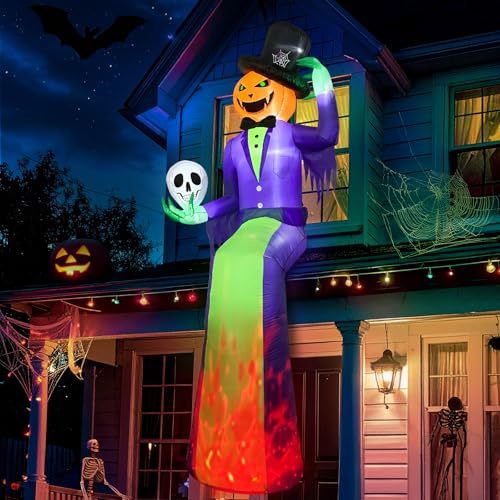 Gudelak riesige Halloween-Aufblasbare-Kürbisse, gruselige sitzende Dekorationen für Außenbereich mit Flammenlicht