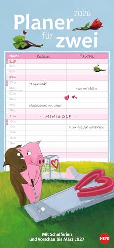 Rosalie & Trüffel Planer für 2 - Kalender 2026 - Heye-Verlag - Planer - Mit 2 Spalten und niedlichen Illustrationen - 16 cm x 34,7 cm