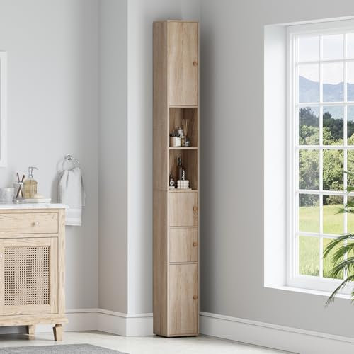 Homullel Tall Bathroom Cabinet, Freestanding Narrow Cupboard with 4 Doors & Open Compartments, Slim Tallboy Floor Storage Cabinet for Living Room Kitchen, 20x20x180cm, Maple