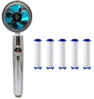 High-Pressure Shower Head Handheld Turbo Fan Showerhead with 5 Filters Water Saving Spray Rainfall Shower(Blue)