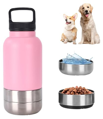 dijiusidy 3-in-1 Dog Water Bottle, Stainless Steel Insulated Puppy Water Bottle with Detachable Food Bowl and Water Bowl, Portable Dog Water Bottles for Walking, Travel, Camping (Pink, 32oz)