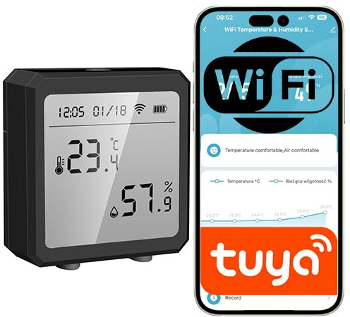 Sensor de temperatura y humedad negro con pantalla LCD WIFI Tuya