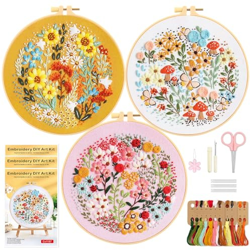 WIVLAX 3-teiliges Stickset für Anfänger – Blumen & Pilz | Stick-Set für Einsteiger mit Rahmen, Garn, Nadeln & Video. DIY-Projekt mit Blumen- & Pilzmotiven – ideal für Anfängerinnen
