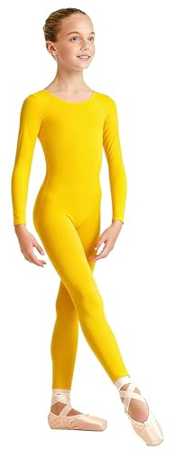 Carnavalife - Body da danza per bambine a maniche lunghe con zip posteriore, ideale per balletto e ginnastica, Giallo, 7-9 anni