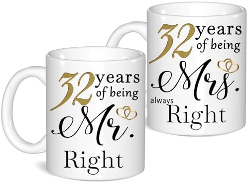 32 Year Anniversary Coffee Mugs Set of 2, 32th Anniversary Wedding Gifts for Wife Husband Parents Grandparents Men Women Him Her, 32 Year Valentines Engagement Couple Cups