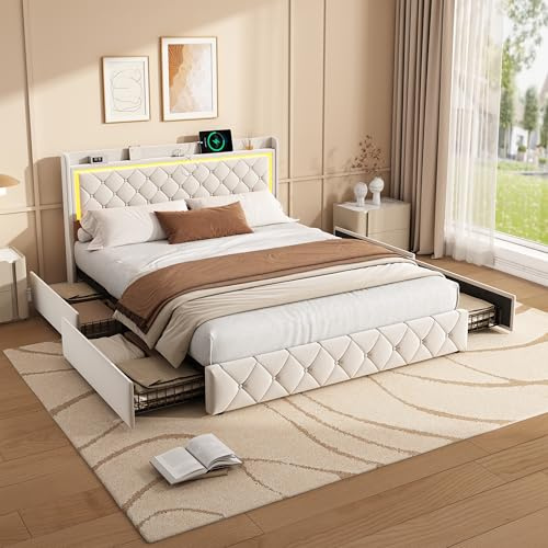 KeepGoon Doppelbett mit Schubladen 160 x 200 cm Polsterbett mit LED-Leuchten und einem USB-Ladeanschluss, 4 Eisen-Schubladen, Funktionsbett mit Stauraum, mit Lattenrost, Flanell