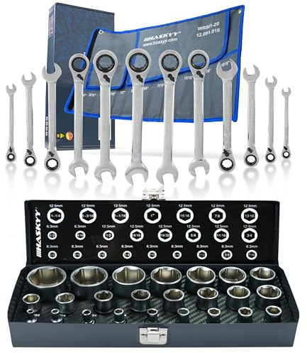 HASKYY Juego de herramientas en pulgadas - Set de vasos 24 piezas 5/32-1.1/4 y llaves de carraca 12 piezas 1/4-15/16 con ángulo de trabajo 15° – SAE/Inch para vehículos US