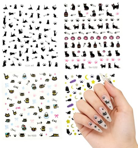 4er-Set Selbstklebende Nagelaufkleber, Süße Katzen Nail Sticker, Kinder Nagelsticker, Verschiedene Muster, Schwarz-Weiß Design