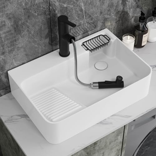Vasque a Poser Salle de Bain, Lavabo Salle de Bain avec Planche à Laver, Robinet et Porte Savon, Céramique Moderne pour Buanderie, Balcon, Salle de Bain(51.5x40.5x10.5cm/20.3x16x4.1in)
