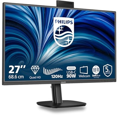 PHILIPS 27B2U3601H 27 Zoll WQHD USB Hub Monitor, 120Hz, IPS Panel, 4ms GtG, Adaptive Sync, Webcam, Höhenverstellung,Lautsprecher,(2560x1440 HDMI 1x 2.1 TMDS DP 1x 1.4) Schwarz