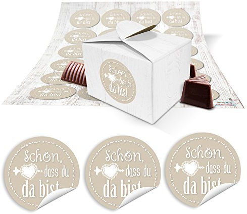Logbuch-Verlag 24 kleine Gastgeschenke Hochzeit Schön dass Du da bist Aufkleber MIT Schachteln weiß beige 8 x 6,5 x 5 cm