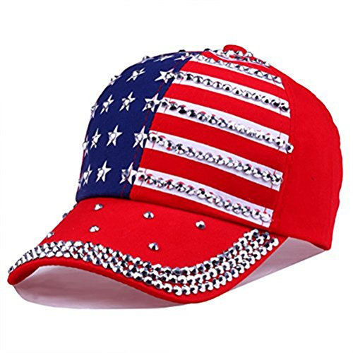 CRUOXIBB USA Bling Baseball Cap Sparkle Amerikanische Flagge Hut Männer Frauen Hip Hop Caps - Rot - Einheitsgröße