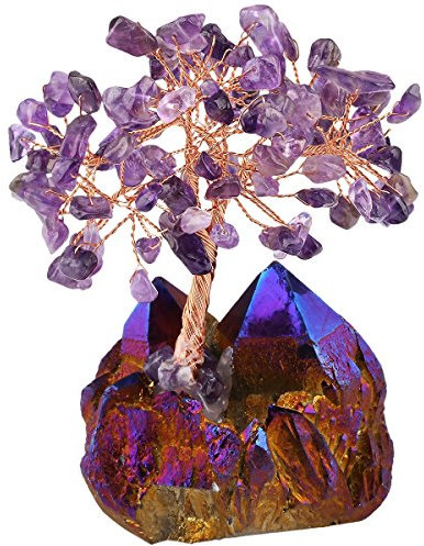 mookaitedecor Améthyste Arbre de Vie & Base Enduit de Titane Violet Or Pierre Brute Décoration,Feng Shui Cristal Guérison Méditation Reiki Table Décor Porte Bonheur